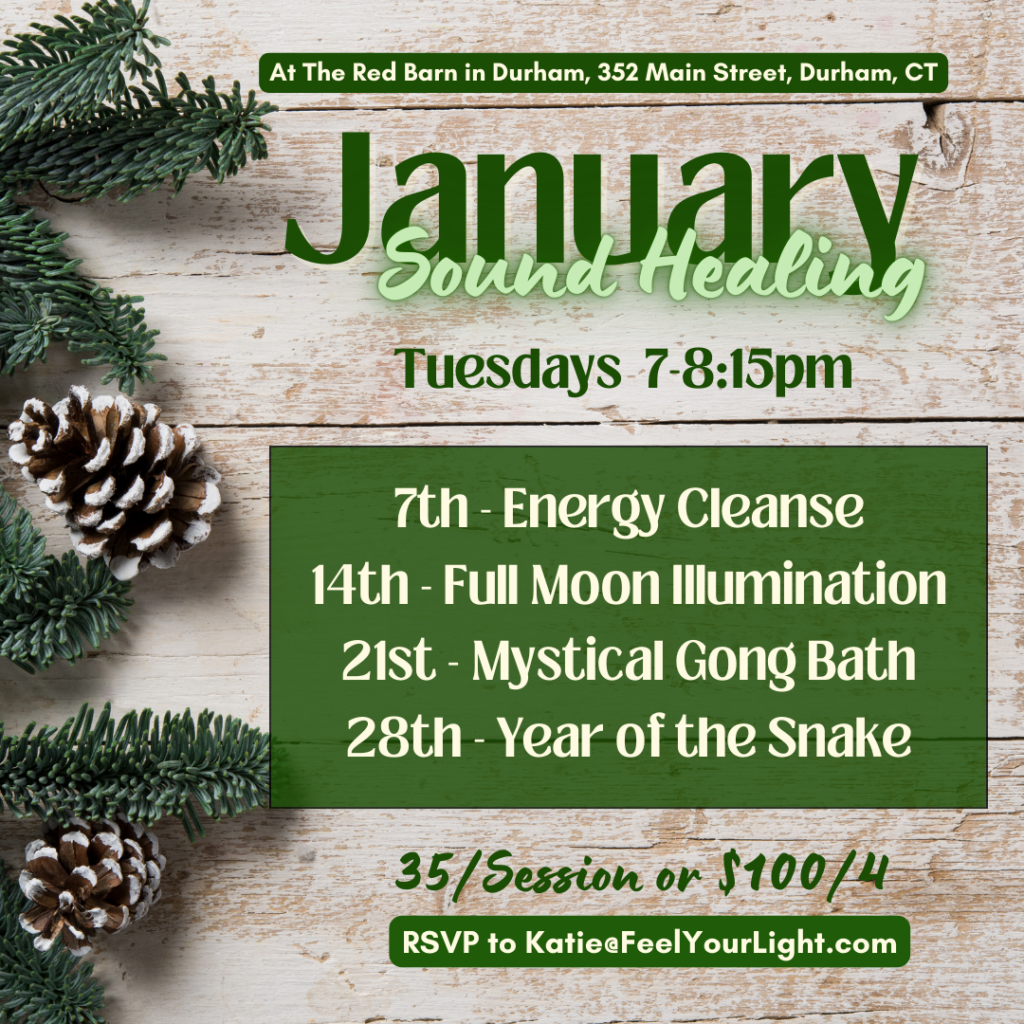 January sound healing schedule with pinecones on a natural wood