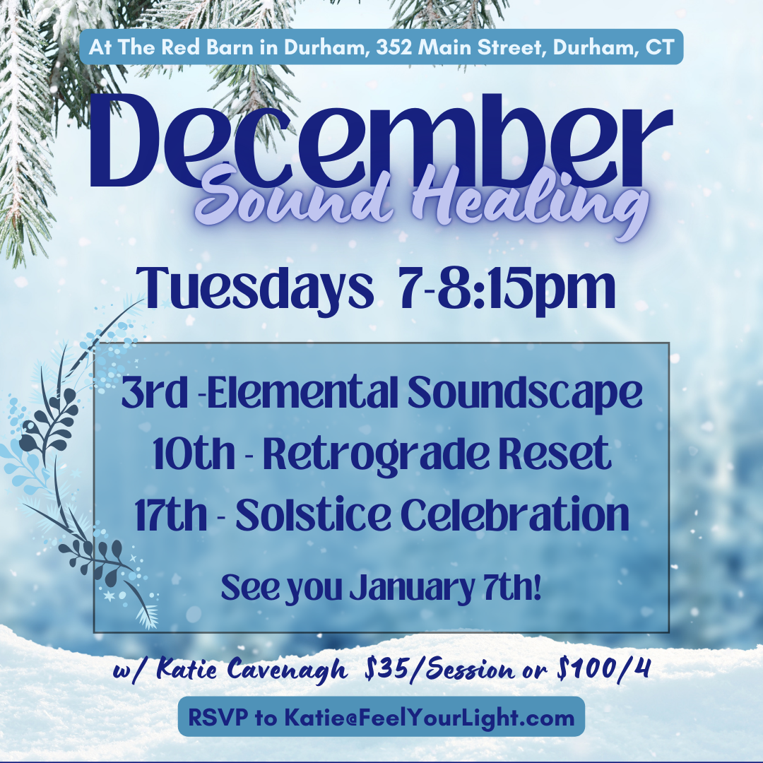 December sound healing schedule for Tuesdays with blue winter background