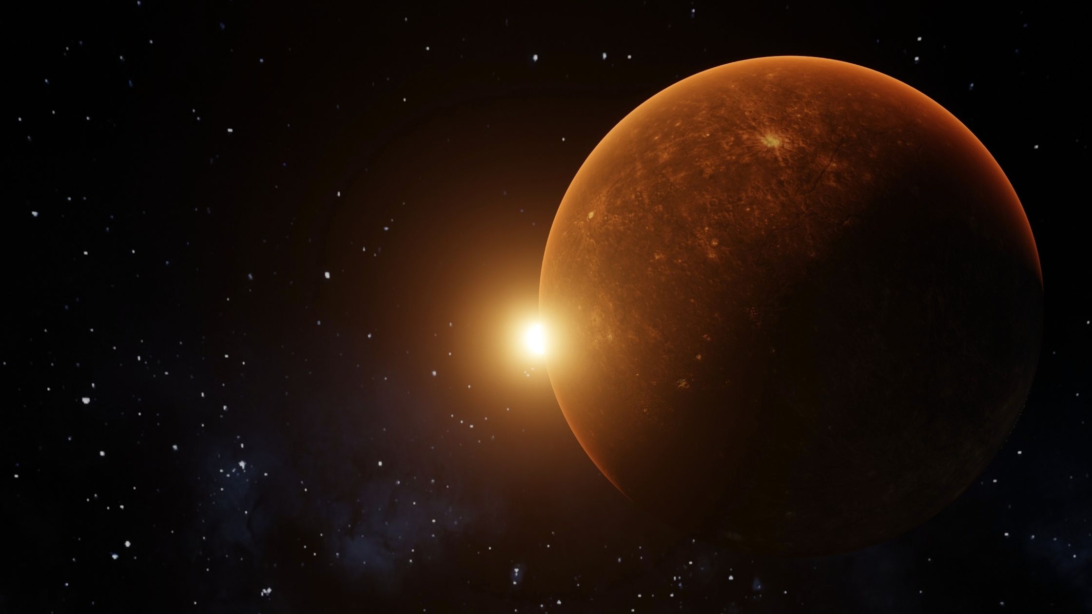 a red planet (representing mercury) in the foreground with a small sun in the background