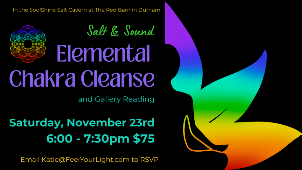 Elemental chakra cleanse with rainbow flower and meditator outline text flyer