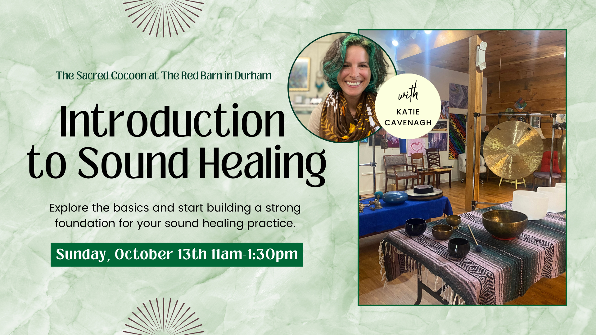 green graphic with instruments for introduction to sound healing class