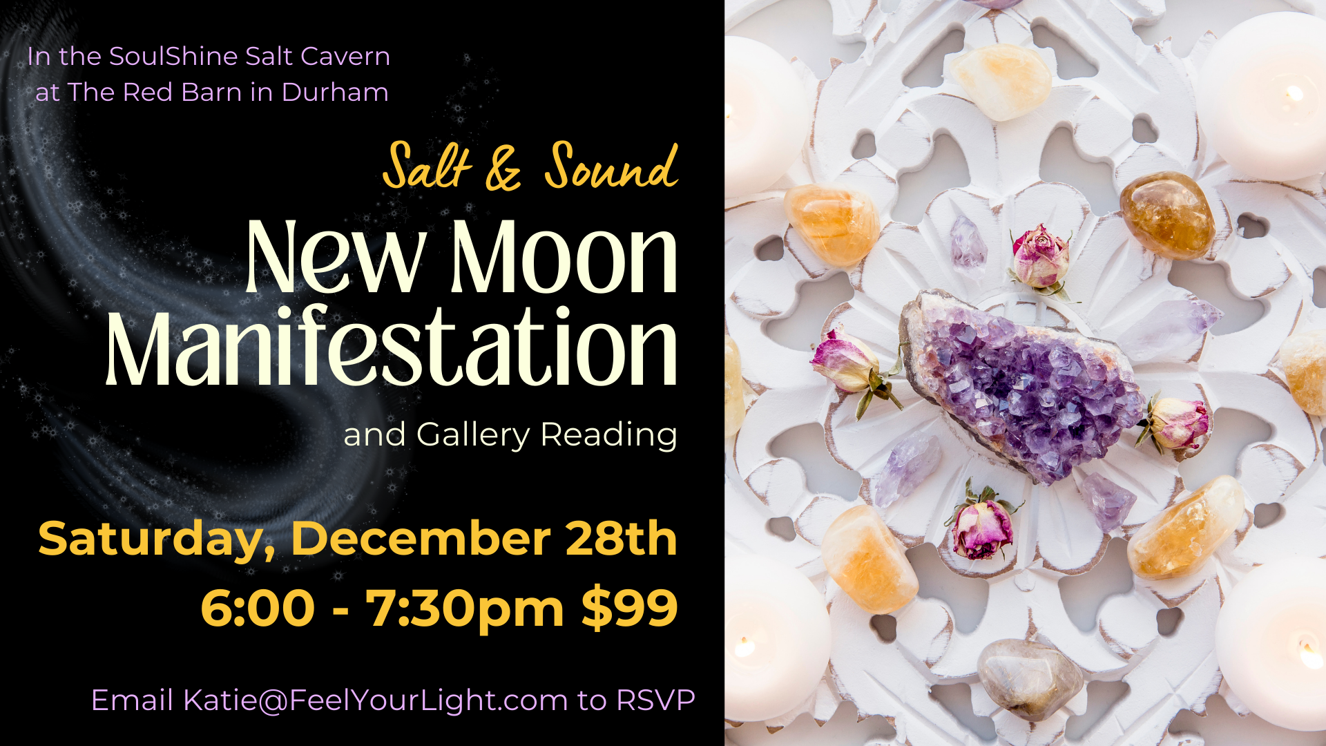 new moon manifestation and gallery reading text flyer with white, yellow, and purple crystal grid graphic