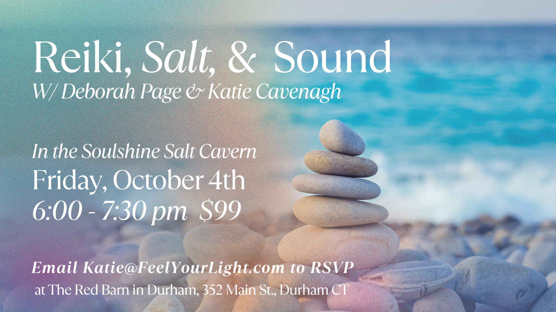 reiki, salt, and sound flyer text over stacked rocks on a beach