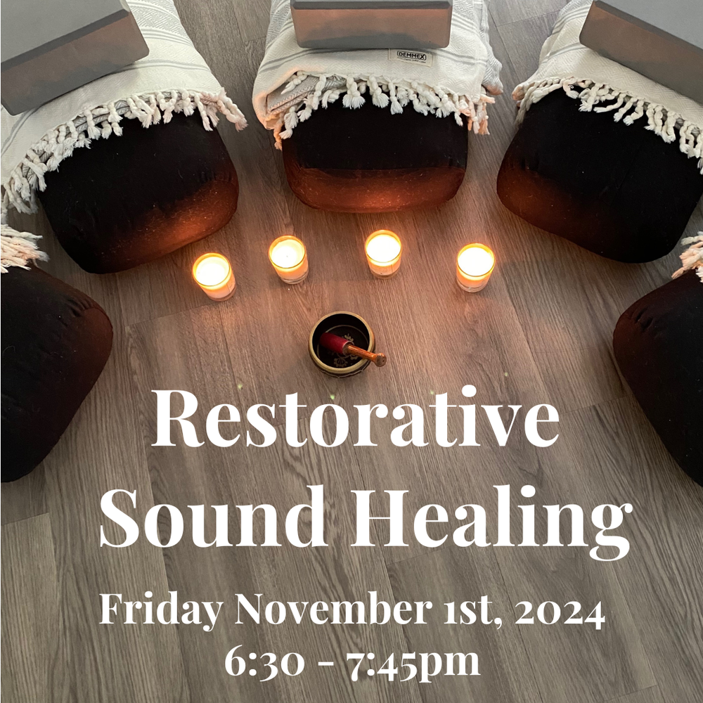 Restorative sound healing event flyer with candles and yoga accessories