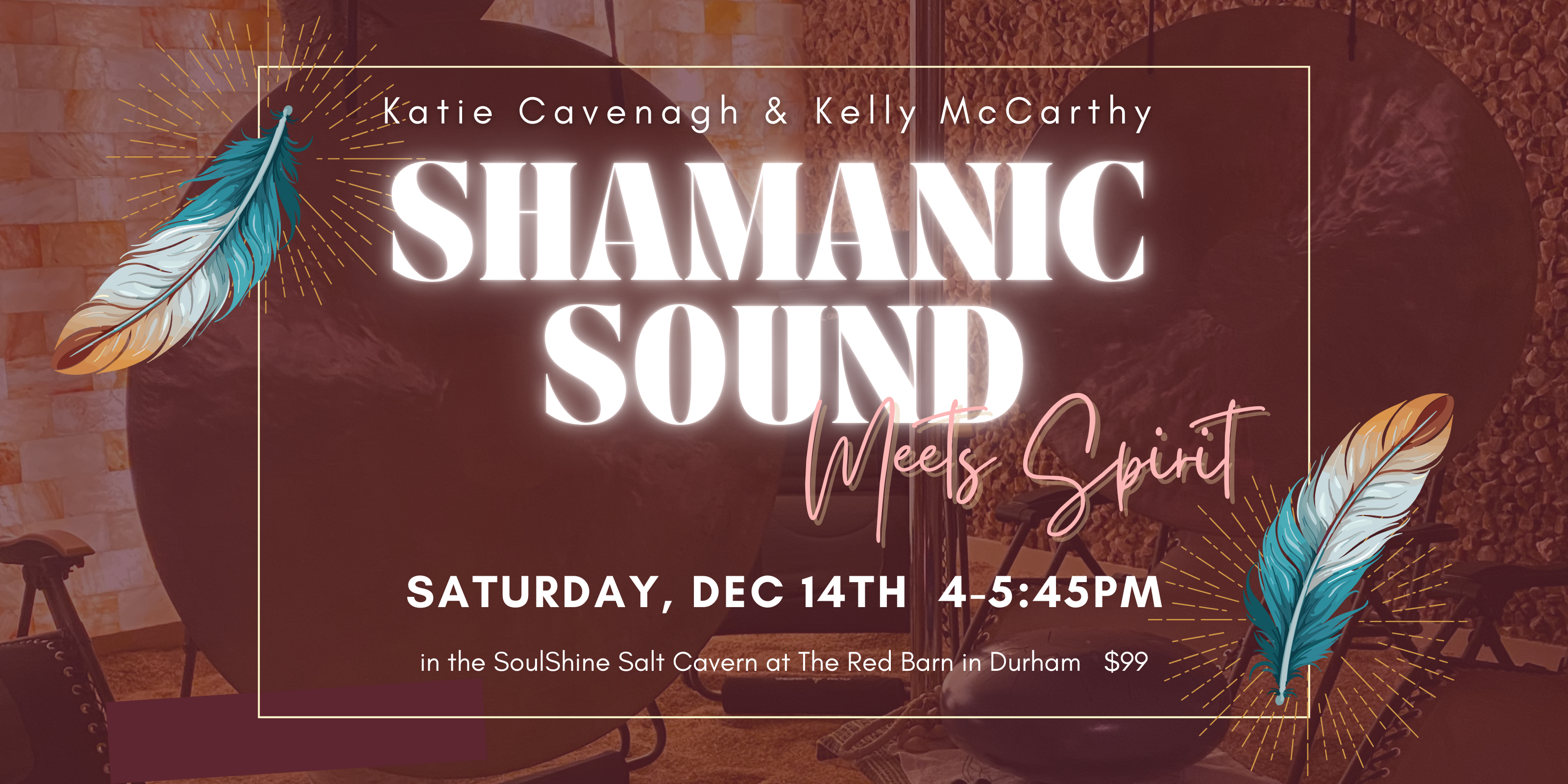 Flyer for shamanic sound meets spirit featuring gongs in the back ground