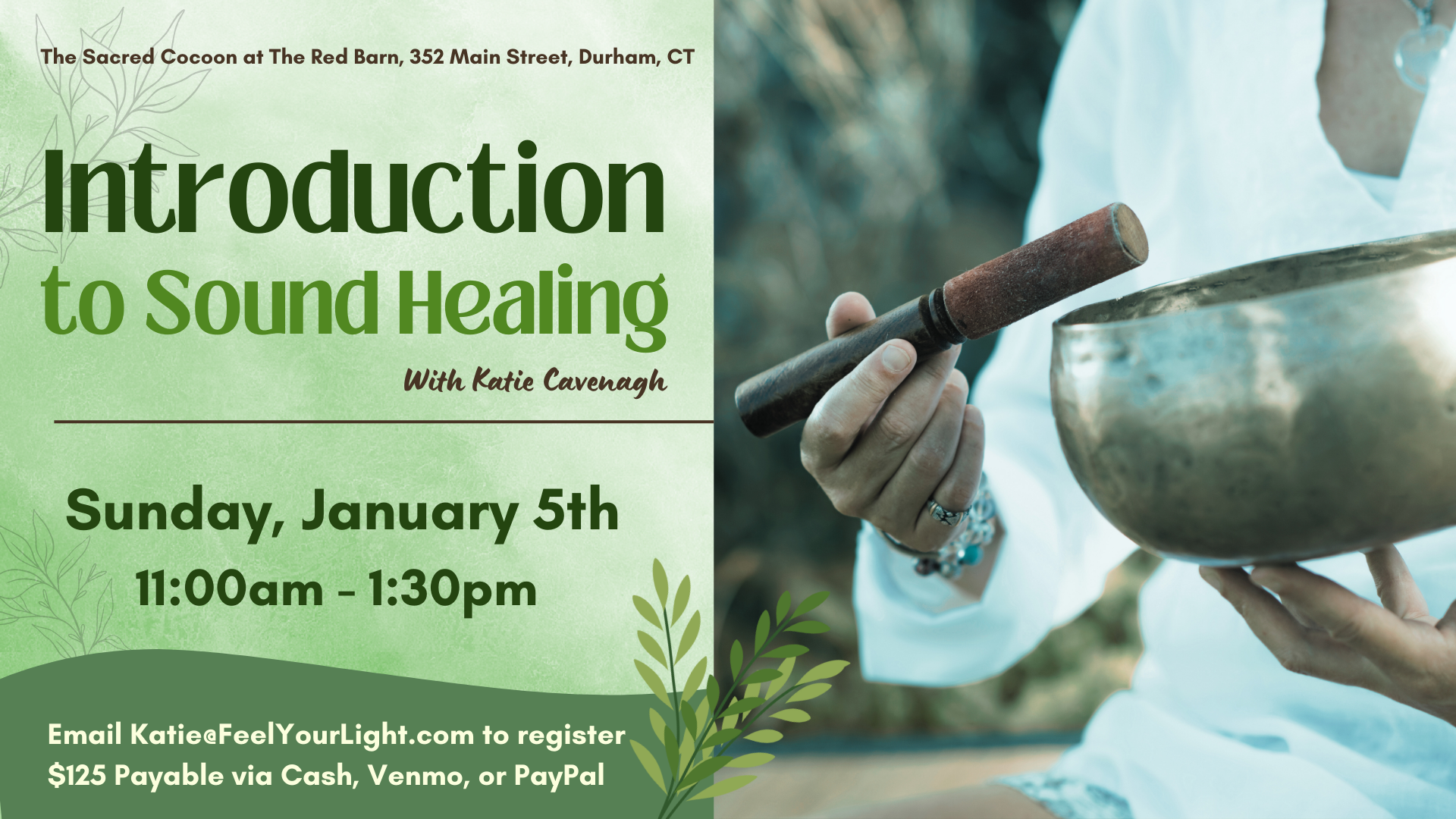 introduction to sound healing green flyer with singing bowl