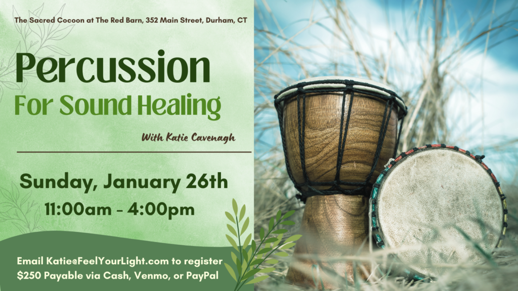 percussion for sound healing intensive flyer with drums.