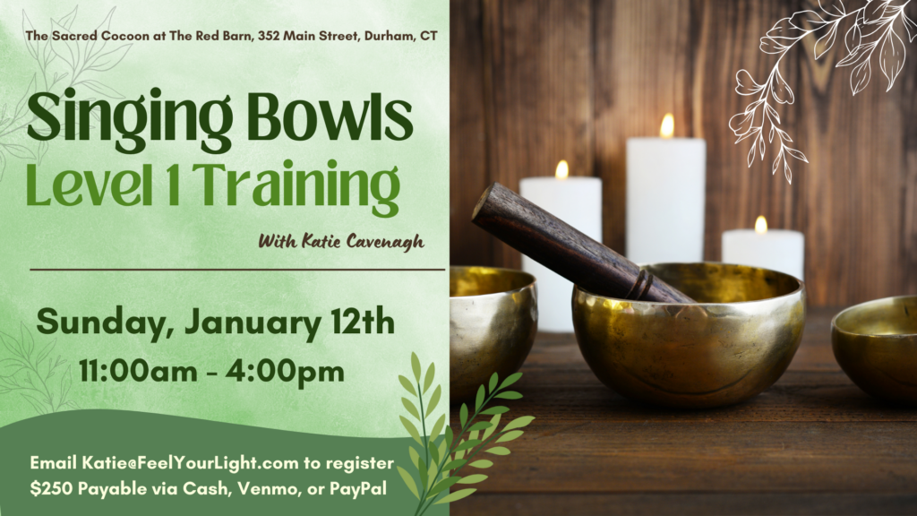 singing bowls level 1 training flyer green, with singing bowl picture