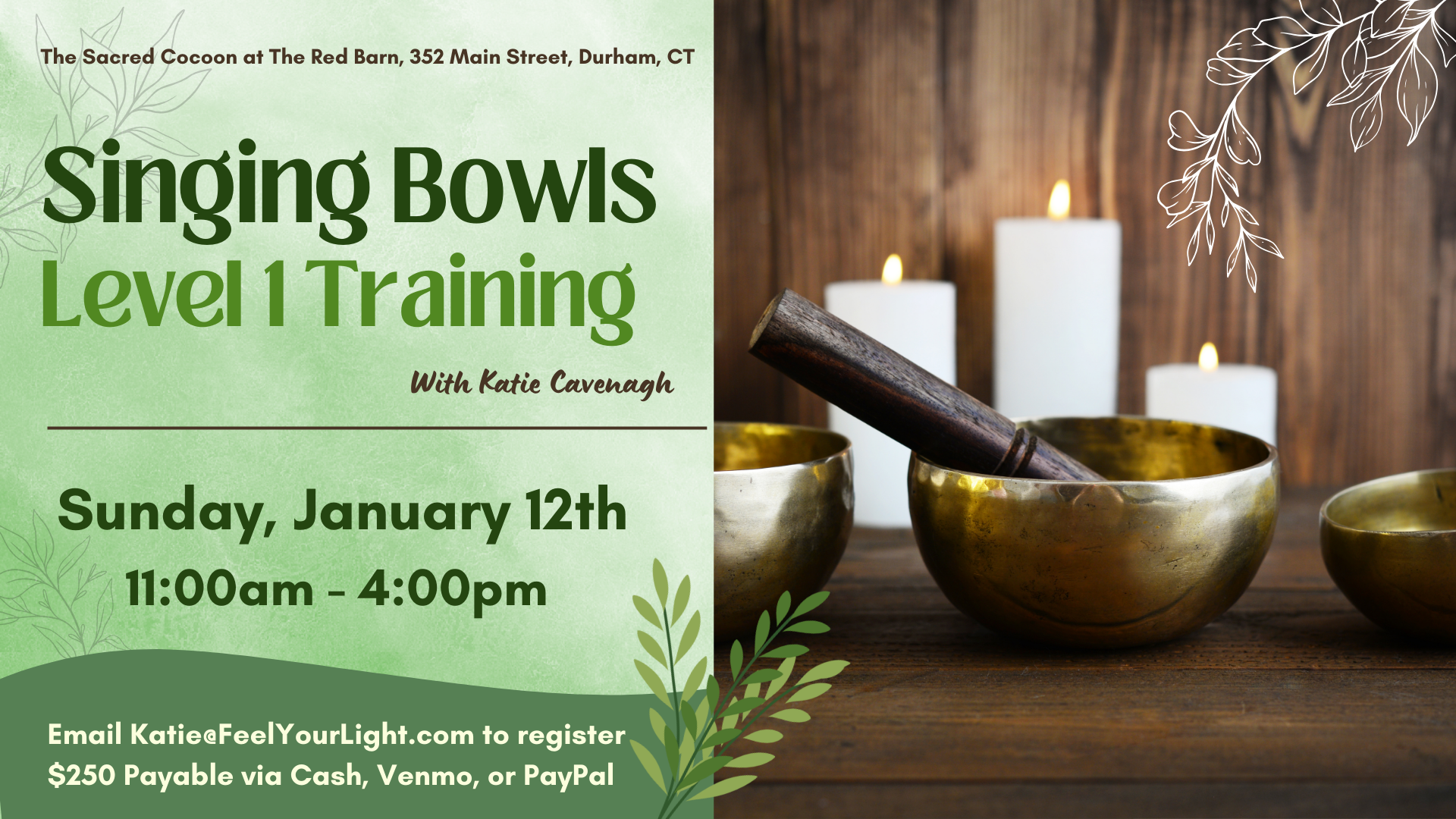 singing bowls level 1 training flyer green, with singing bowl picture