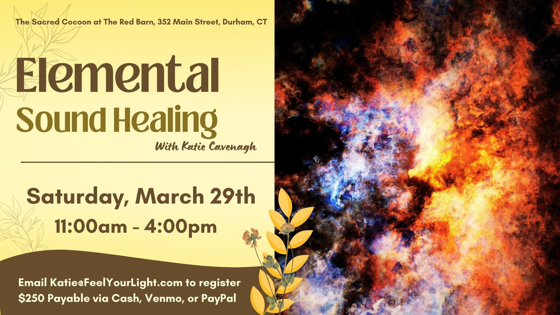 yellow elemental sound healing training flyer with red and purple cosmic burst image.