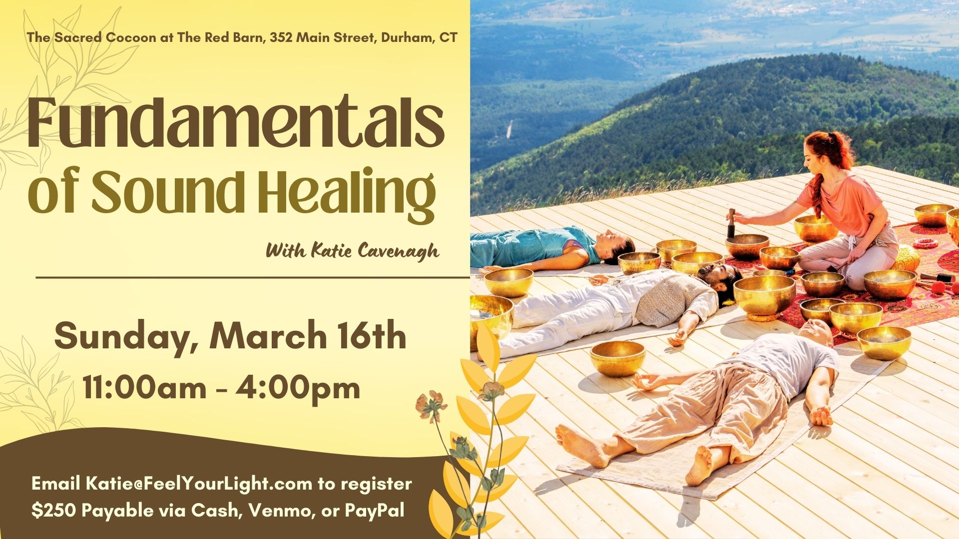 yellow fundamentals of sound healing flyer with a group of people laying outside in the sun enjoying a sound bath.