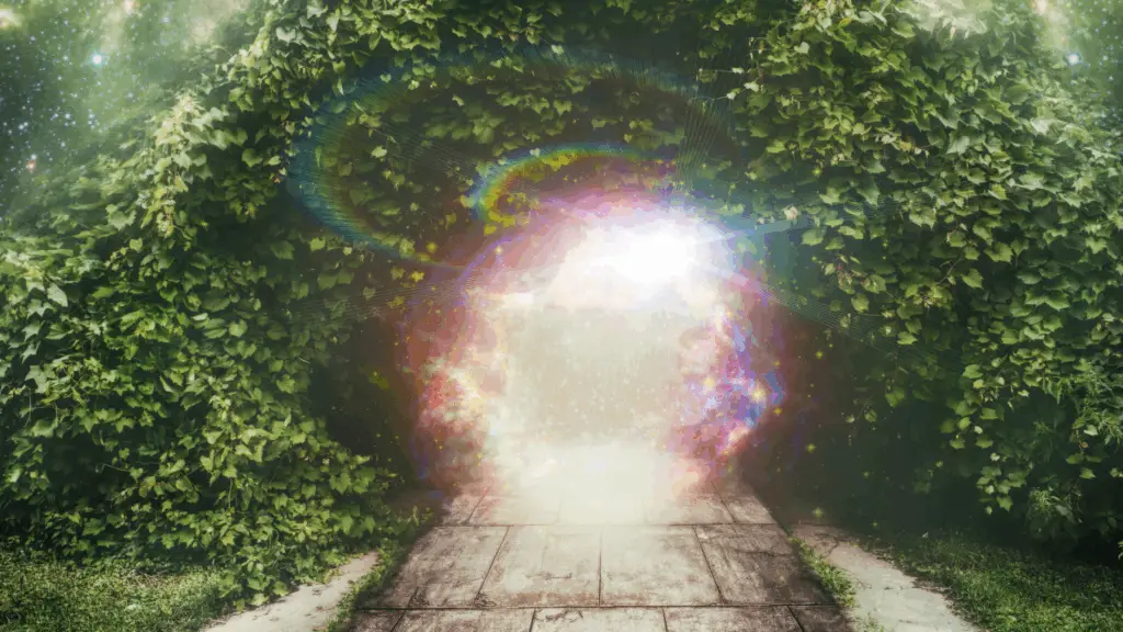 Portal of light through a dense leafy green forest wall