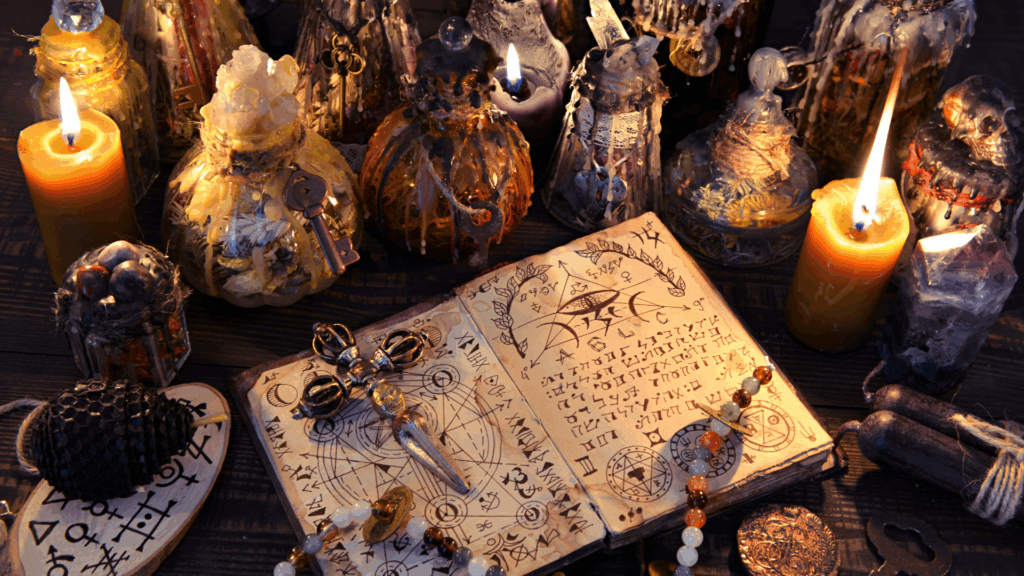 spell book with candles around it for practical magick