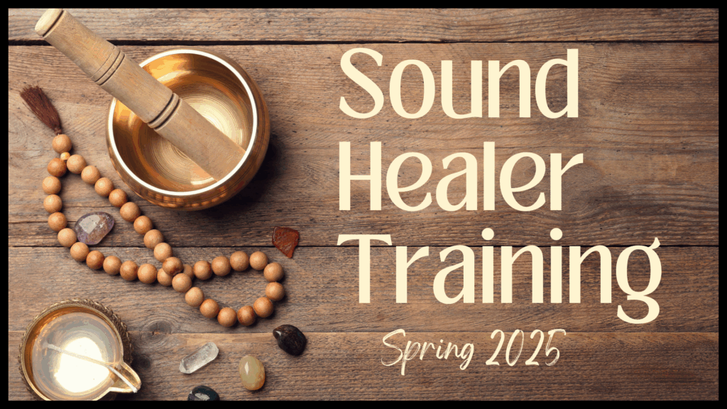 sound healer training graphic with singing bowl and mala beads