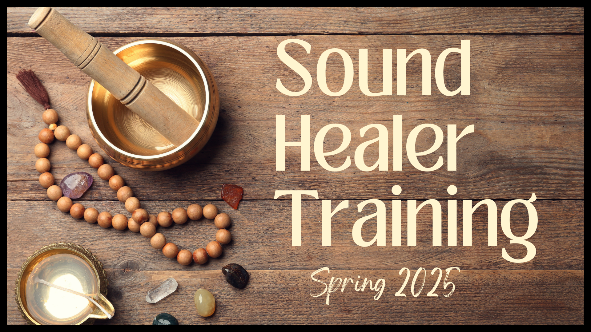 sound healer training graphic with singing bowl and mala beads