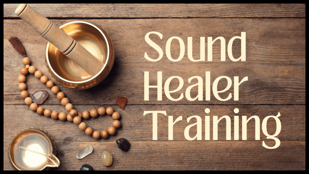 sound healer training graphic with bronze singing bowl on wooden background with mala beads