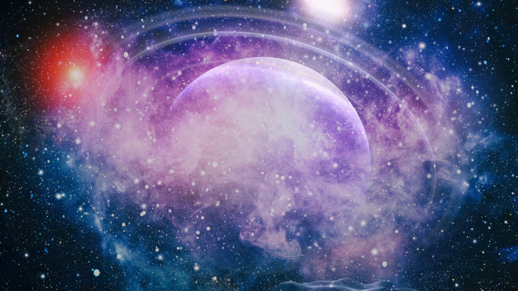 purple cosmic star-like body surrounded by rings and gasses