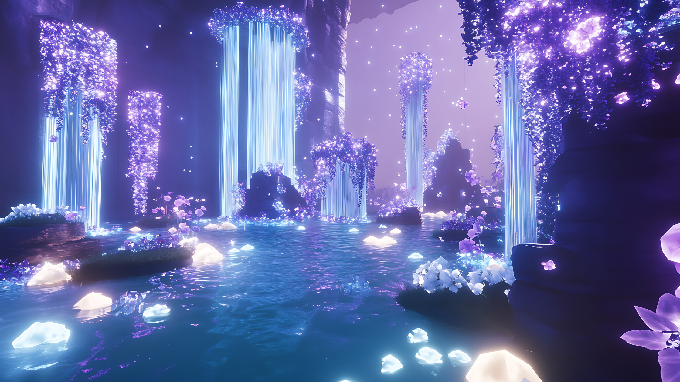 purple mystical scene of waterfalls
