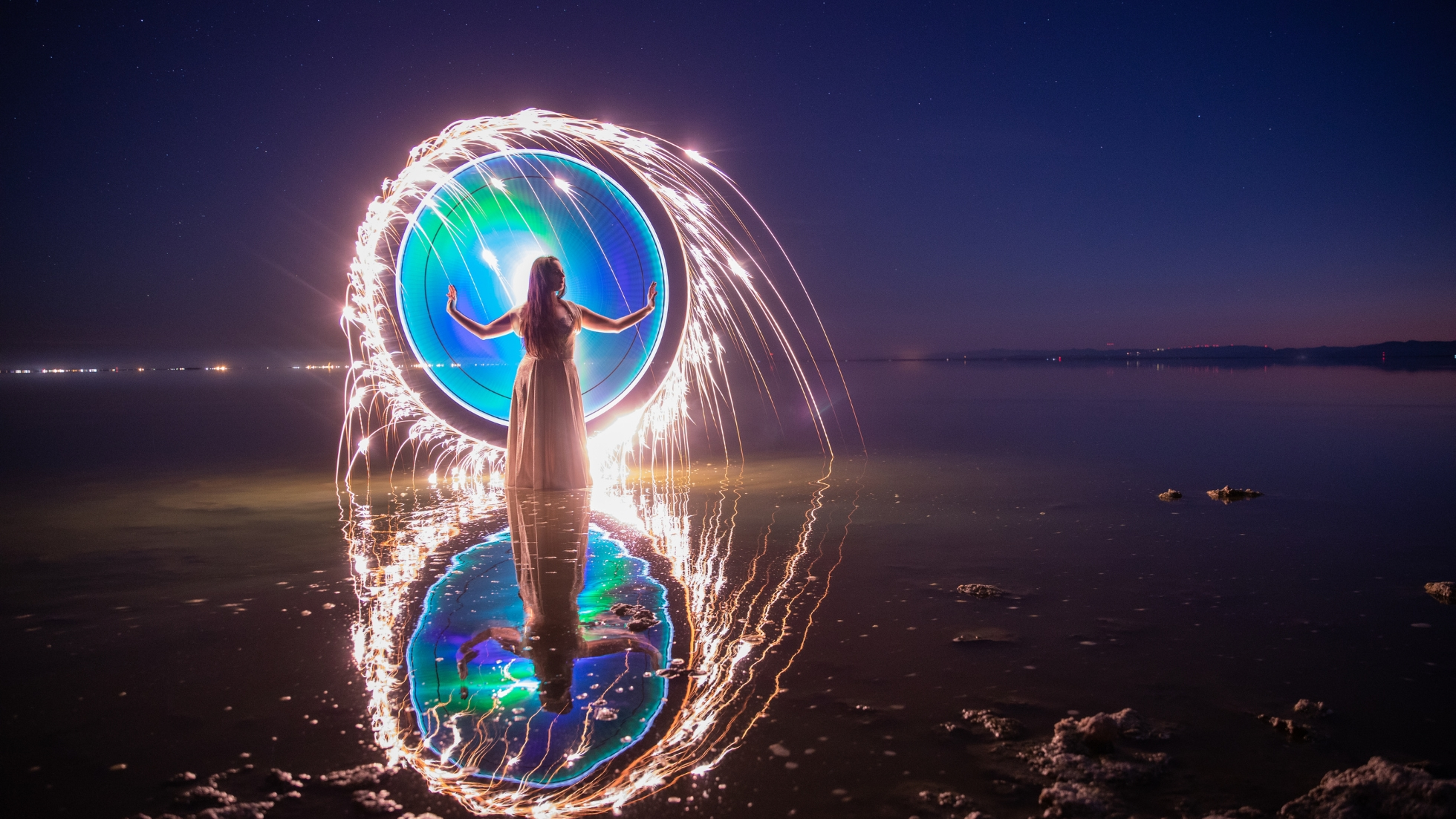 woman standing at threshold of a portal of a quantum shift